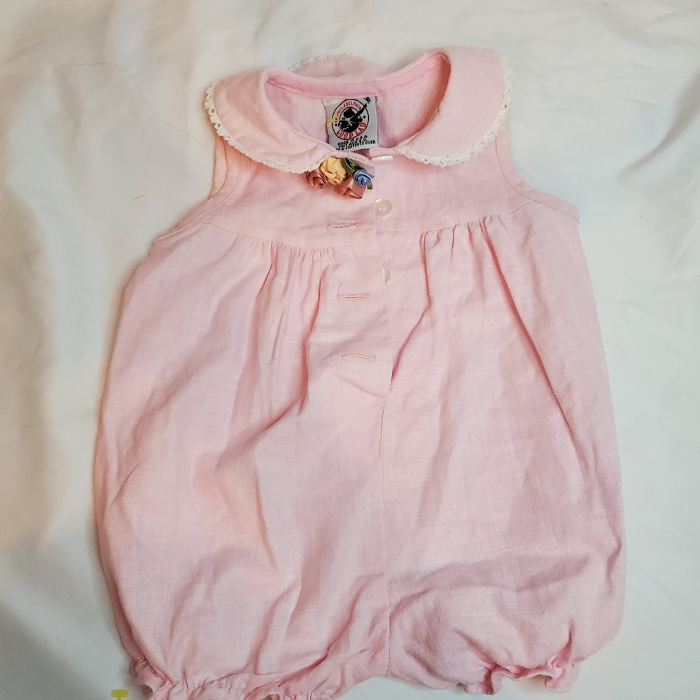 Good Lad Vintage Pink Linen Bubble Romper Peter Pan Collar Rosette 6-9 Months
